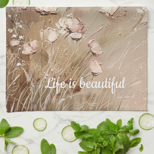 Beige rosaktig boho blommig  kökshandduk (Vikta)