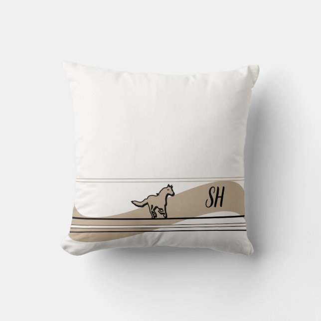 Beige Running Horse Design & Initials Throw Pillow Kudde (Framsida)