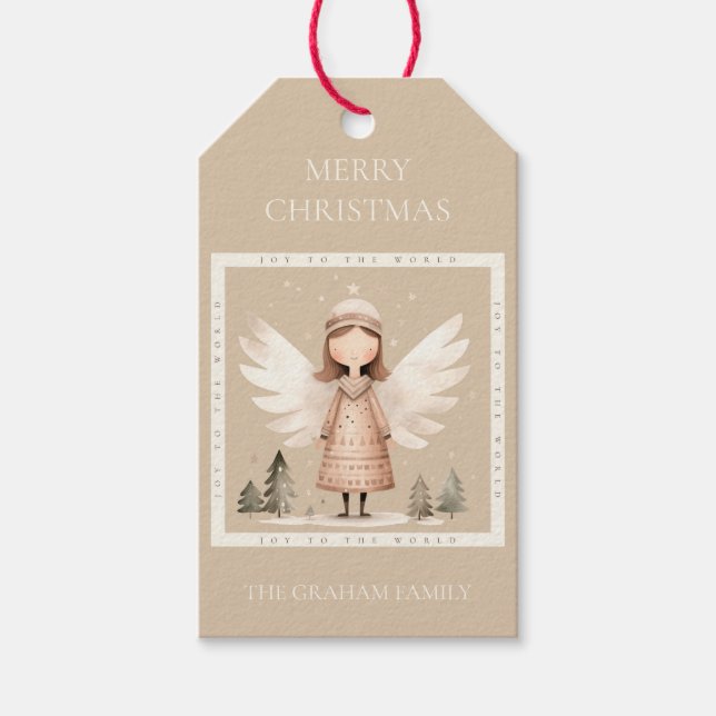 Beige Rustic Angel Gift Märkre Presentetikett (Framsidan)