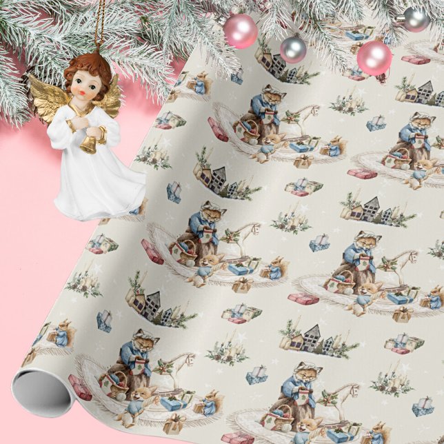 Beige Sagobok Skogs Djur Jul Presentpapper (Nostalgic Rustic Vintage Christmas Cute Animals Wrapping Paper ©Susanne Sachers - Sunny Mind 🌞)