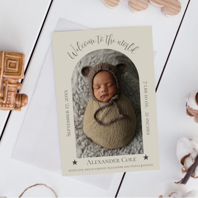 Beige Simple Arch Ram Photo Birth Notice Meddelande (Beige Simple Arch Frame Photo Birth Announcement)
