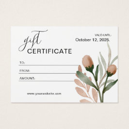Beige Simple Watercolor Blommigt Gift Certificate Visitkort