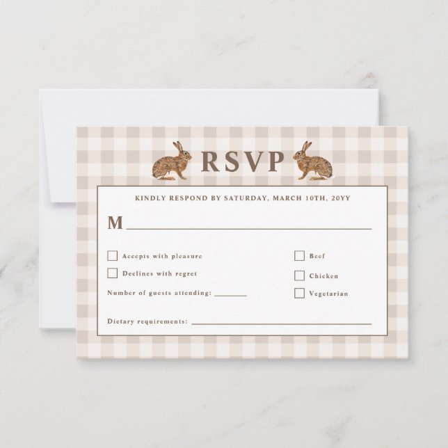Beige skogshare kaniner bröllops-RSVP-kort OSA Kort (Framsida)