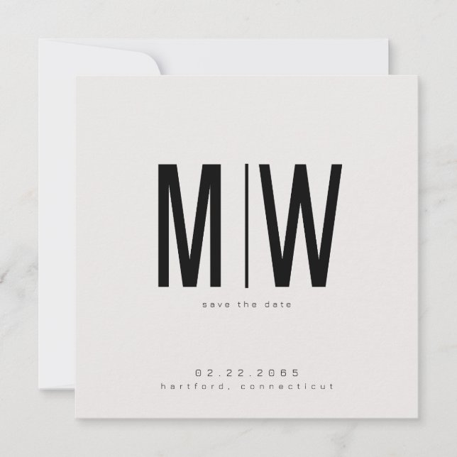 Beige Sleek Square Monogram Bröllop spara datum (Framsida)
