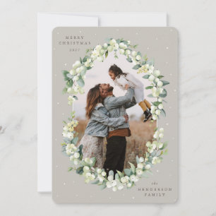 Beige Snowberry+Eucalyptus julfoto Julkort