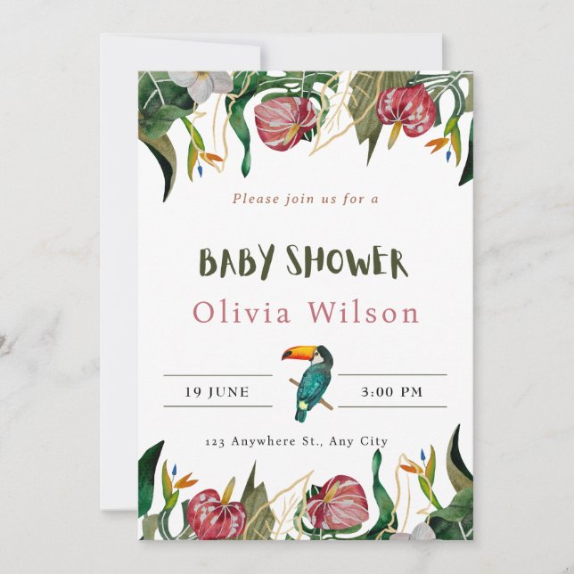 Beige söt blommig inbjudan till baby shower (Framsida)