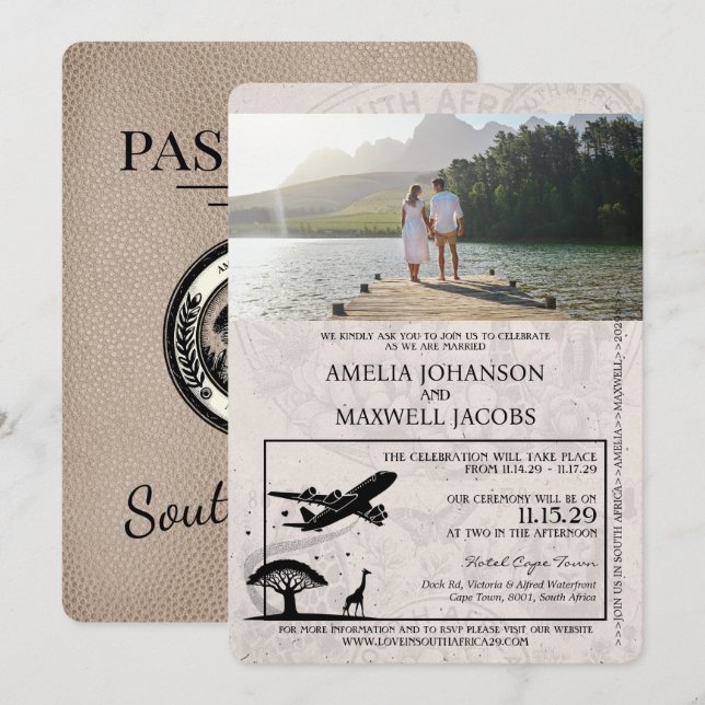 Beige South Afrika Passport Wedding bjudande Inbjudningar (Fram/baksida)