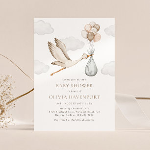 Beige Stork Delivery Gender Neutral Baby Shower Inbjudningar