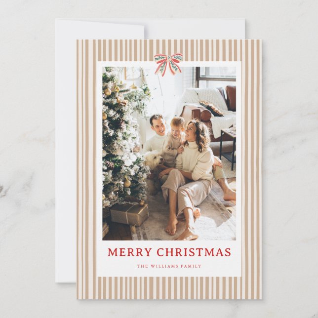 Beige Stripe Red Bow Christmas Photo Holiday Card Julkort (Framsida)