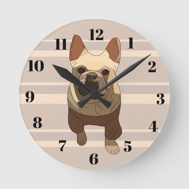Beige Stripes French Bulldog Rund Klocka (Framsida)