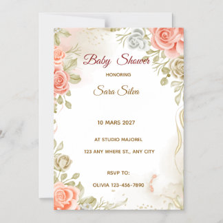 Beige Studded By Flowers Baby Shower Invitation Magnetisk Inbjudningskort