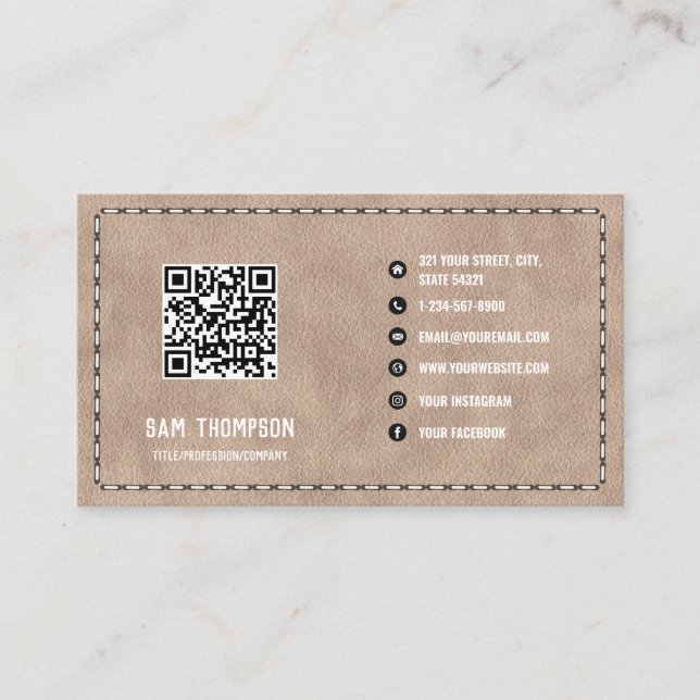 Beige Suede Leather Business QR-kod Visitkort (Framsida)