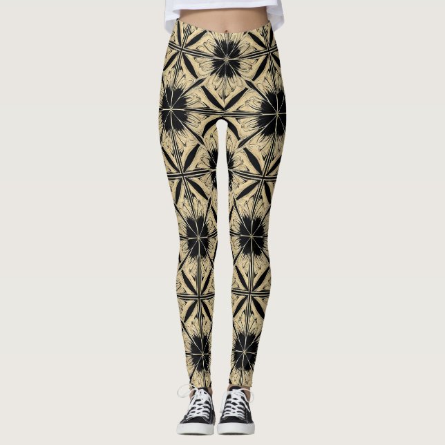 Beige Svart Geometriskt Mönster Present För Stil Leggings (Framsida)
