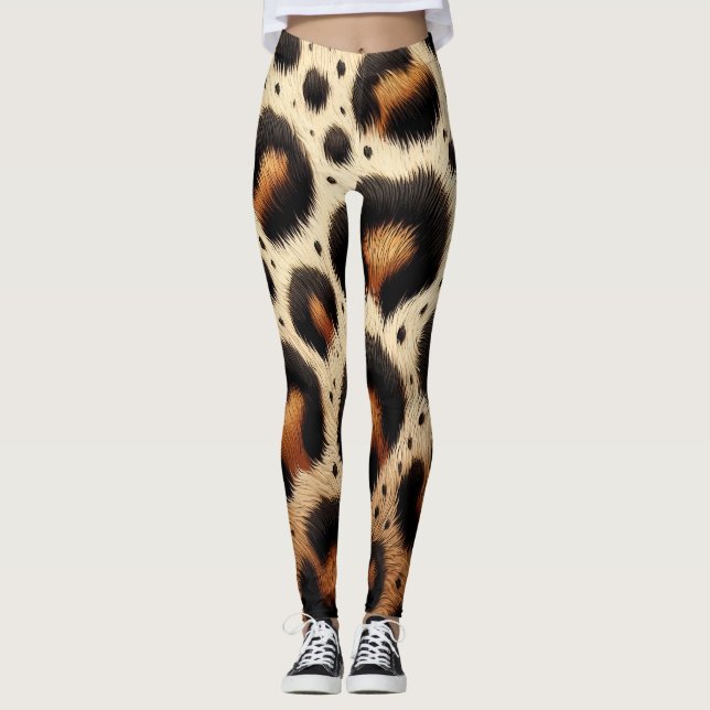 Beige & svart leopardpäls djurprint fläckar  leggings (Framsida)
