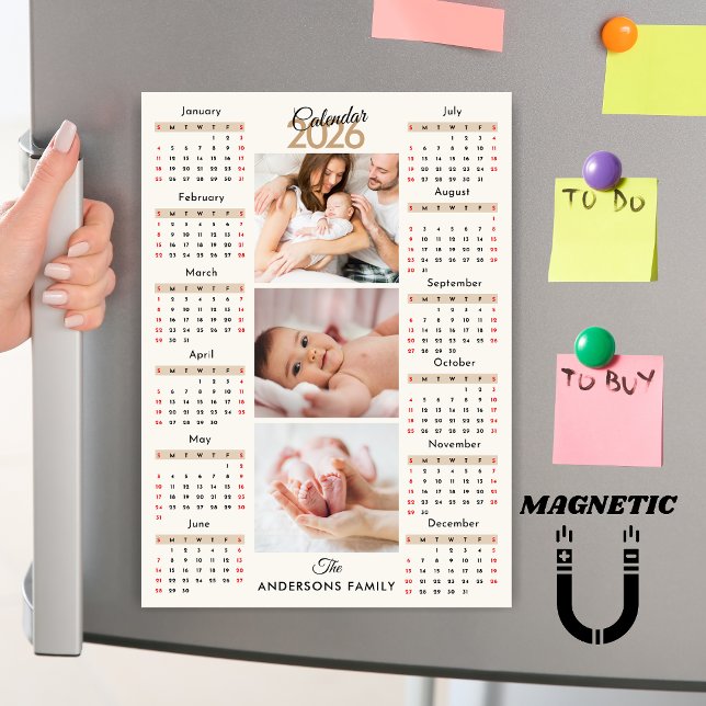 Beige Svart Röd 2026 Kalender Fotokollage Magnet (Skapare uppladdad)