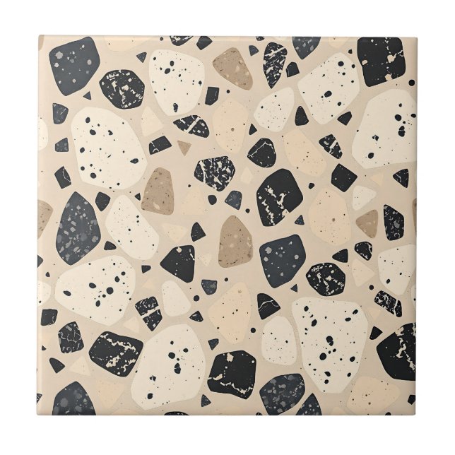 Beige Svart Terrazzo Mönster Neutral Abstrakt  Kakelplatta (Framsidan)