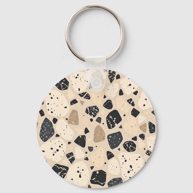 Beige Svart Terrazzo Mönster Neutral Abstrakt  Nyckelring (Framsida)