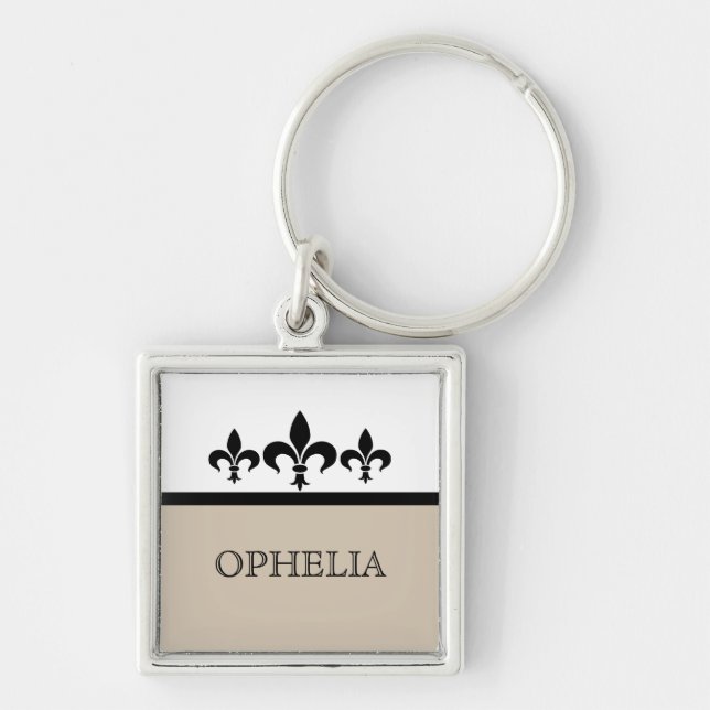 Beige Swanky Fleur De Lis Premium Keychain Fyrkantig Silverfärgad Nyckelring (Framsidan)