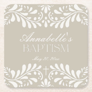 Beige Talavera Tile Spansk Fiesta Baptism Underlägg Papper Kvadrat