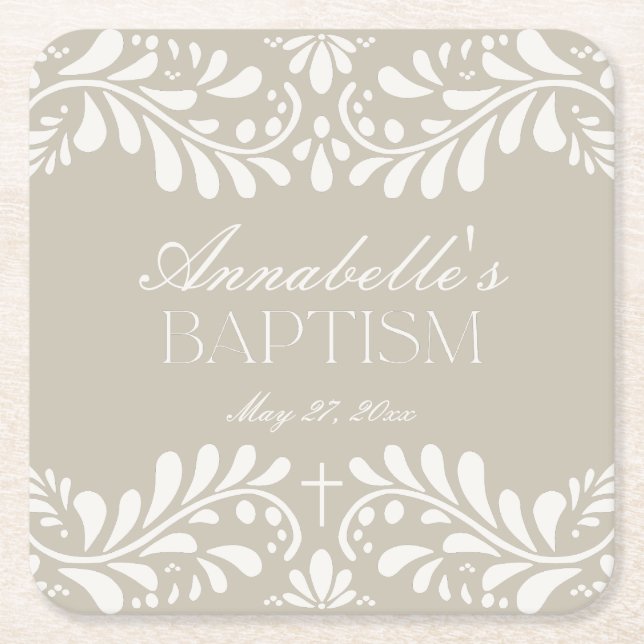 Beige Talavera Tile Spansk Fiesta Baptism Underlägg Papper Kvadrat (Framsidan)