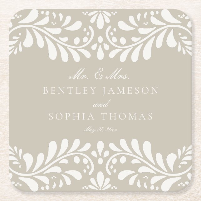 Beige Talavera Tile Spanska Stil Fiesta Bröllop Underlägg Papper Kvadrat (Framsidan)