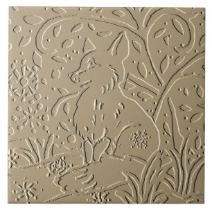Beige Tan Fox Embossed Woodland Foliage Winter Kakelplatta