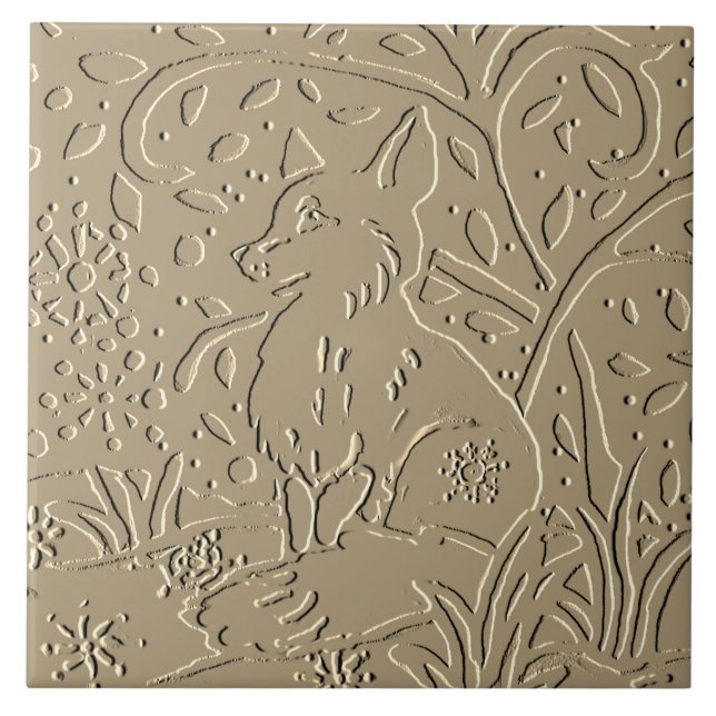 Beige Tan Fox Embossed Woodland Foliage Winter Kakelplatta (Framsidan)