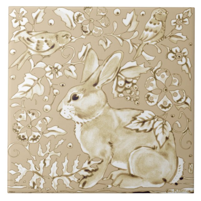 Beige Tan Ivory Bunny Rabbit Bird Blommigt Löv Kakelplatta (Framsidan)