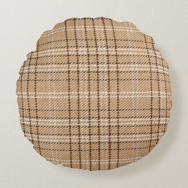 Beige Tartan: Klassisk Play Weave. Rund Kudde (Framsidan)