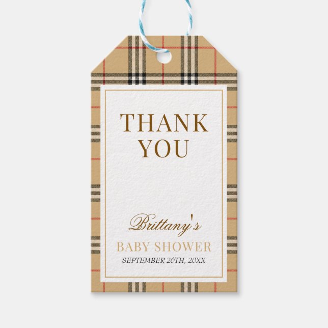 Beige Tartan Play Baby Shower Presentetikett (Framsidan)