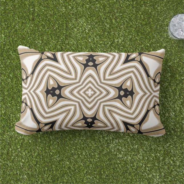 Beige Taupe Brown Black White Orient Art Mönster Lumbarkudde (Gräs)