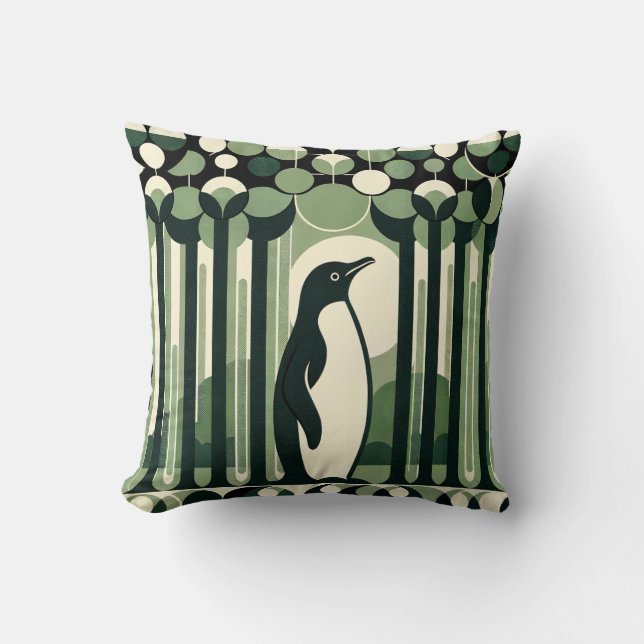 Beige Taupe Geometrical Retro 70 s Penguin Forest Kudde (Framsida)