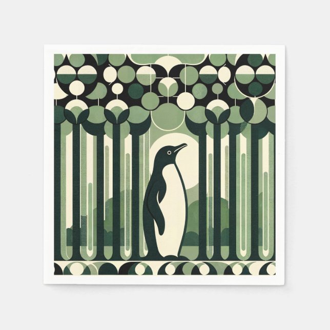 Beige Taupe Geometrical Retro 70 s Penguin Forest Pappersservett (Framsidan)