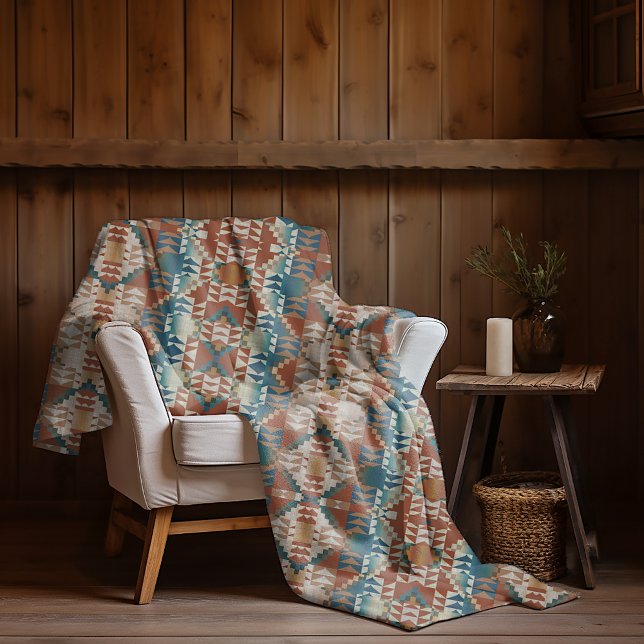 Beige Taupe Red Brown Teal Blue Tribal Art Mönster Fleecefilt (Skapare uppladdad)