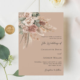 Beige taupe ro pampas greenery luxury bröllop inbjudningar