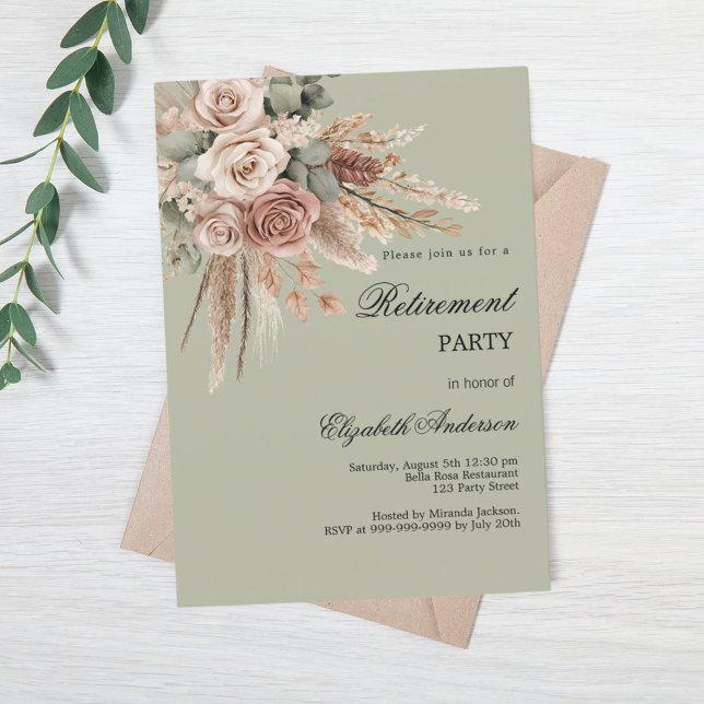 Beige taupe ro pampas grönt pension party inbjudningar (Skapare uppladdad)