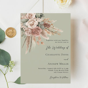 Beige taupe ro pampas sage grönt lyxury bröllop inbjudningar