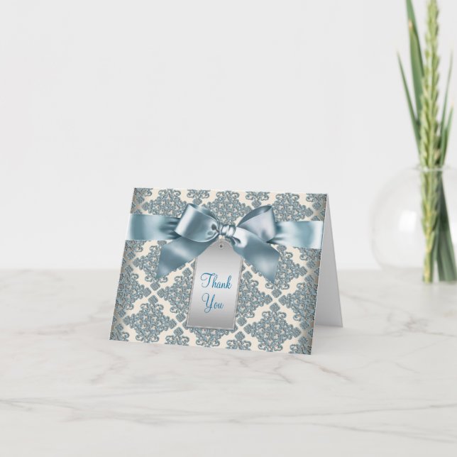Beige Teal Blå Damast Tacksamhetskort Tack Kort (Framsida)