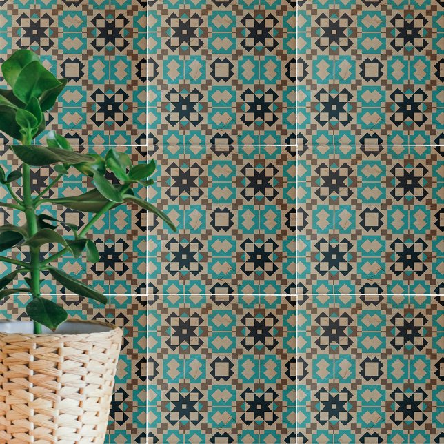 Beige Teal Black Geometric Mosaic Stone-look Kakelplatta (Skapare uppladdad)