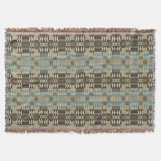 Beige Teal Blue Grönt Taupe Brown Tribal Mönster Filt (Framsidan)