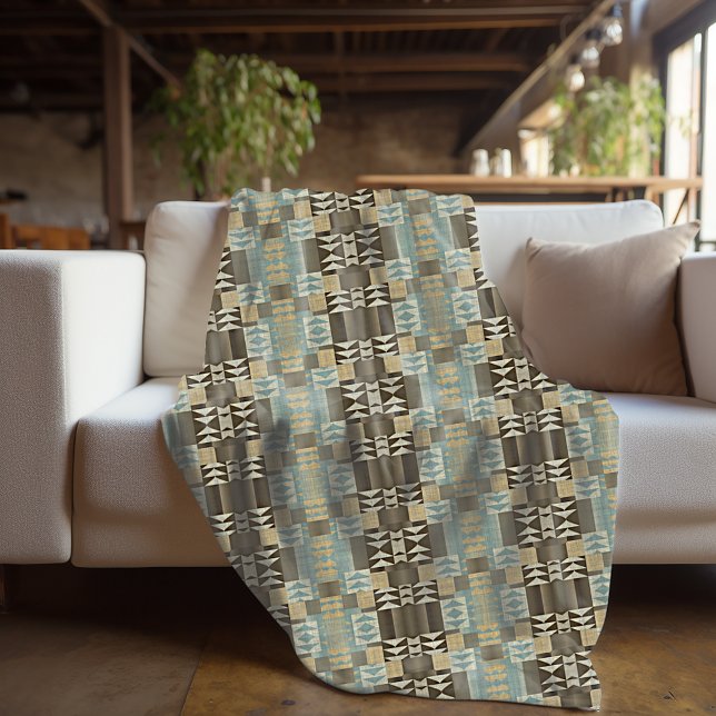 Beige Teal Blue Grönt Taupe Brown Tribal Mönster Fleecefilt (Skapare uppladdad)