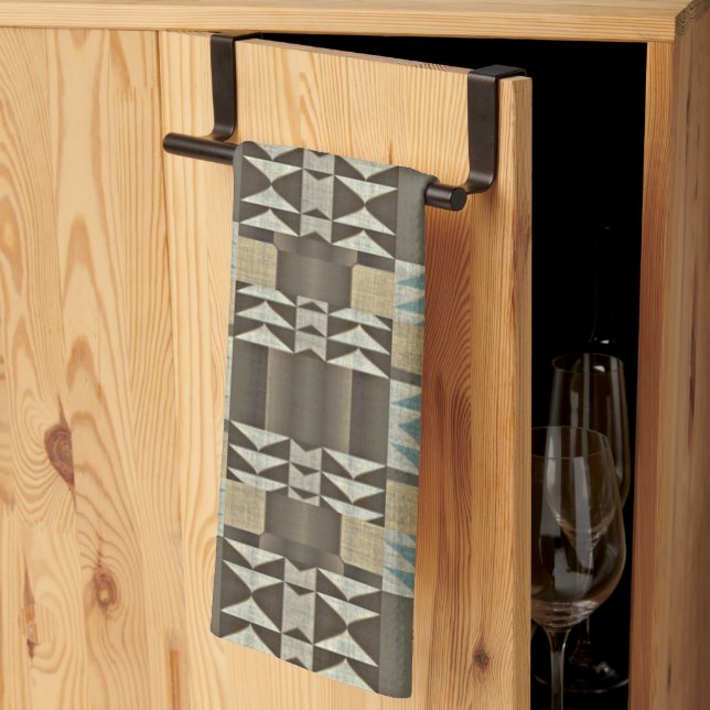 Beige Teal Blue Grönt Taupe Brown Tribal Mönster Kökshandduk (Thirds Fold)