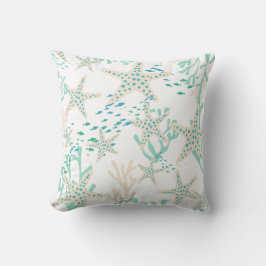 Beige Teal Fish Seashells Starfish Coral Reef Kudde
