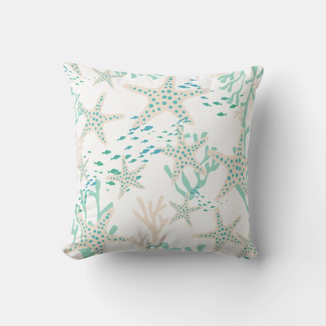 Beige Teal Fish Seashells Starfish Coral Reef Kudde (Framsida)