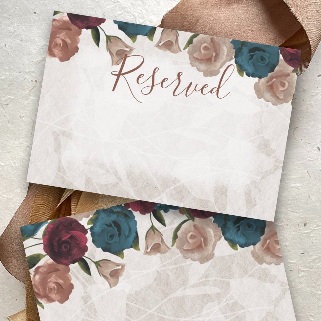 Beige, Teal Grönt, Burgundy Ro Bröllop Reserved Anteckningskort (beige, mauve, beige, teal roses reserved place card, wedding escort card, chair seating name card)