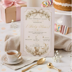 Beige Teddybjörn Bebis Babyshower Inbjudan