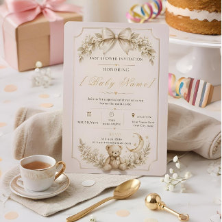 Beige Teddybjörn Bebis Babyshower Inbjudan