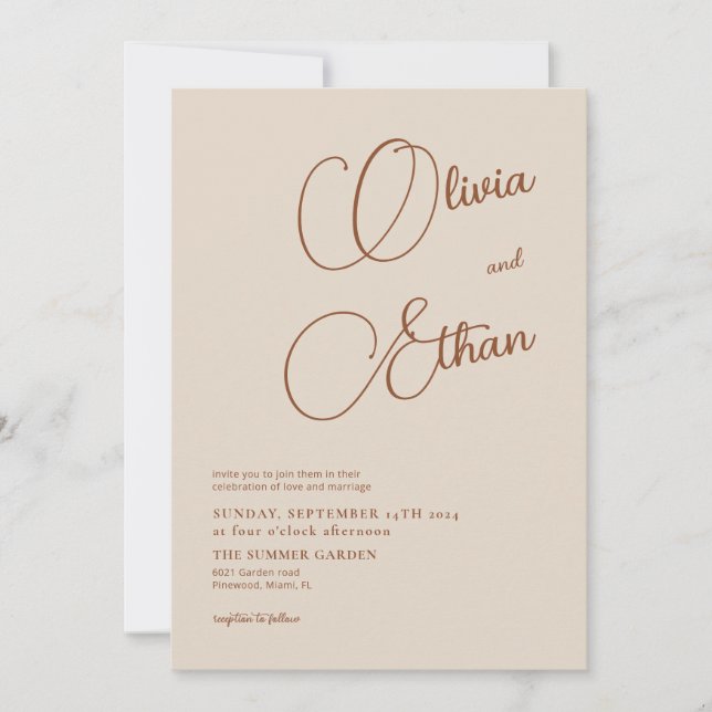 Beige Terracotta Minimalistisk bröllopsinbjudan Inbjudningar (Framsida)