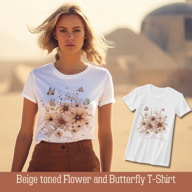 Beige toned Flower och Butterfly T-Shirt (Skapare uppladdad)
