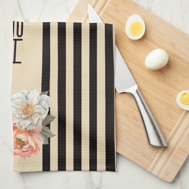 Beige Top med Brown Rand Blommigt Kökshandduk (Vikt i Fjärdedel)